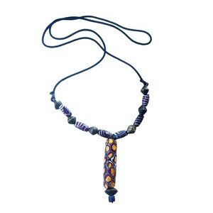Handcrafted African Tribal Beaded Necklace with Colorful Patterned Pendant and C